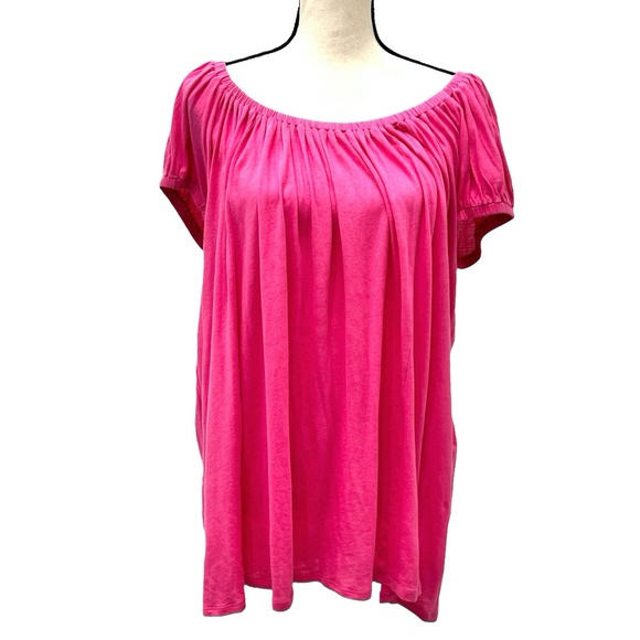 DKNY BRIGHT PINK COTTON ELASTIC NECK ON/OFF SHOULDER OVERSIZED BOXY T-SHIRT - Picture 1 of 13